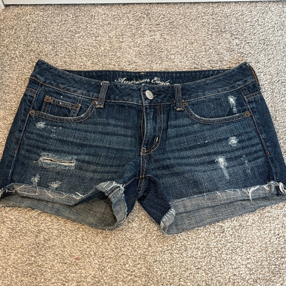 American Eagle Outfitters Dark Blue Distressed Jean Shorts